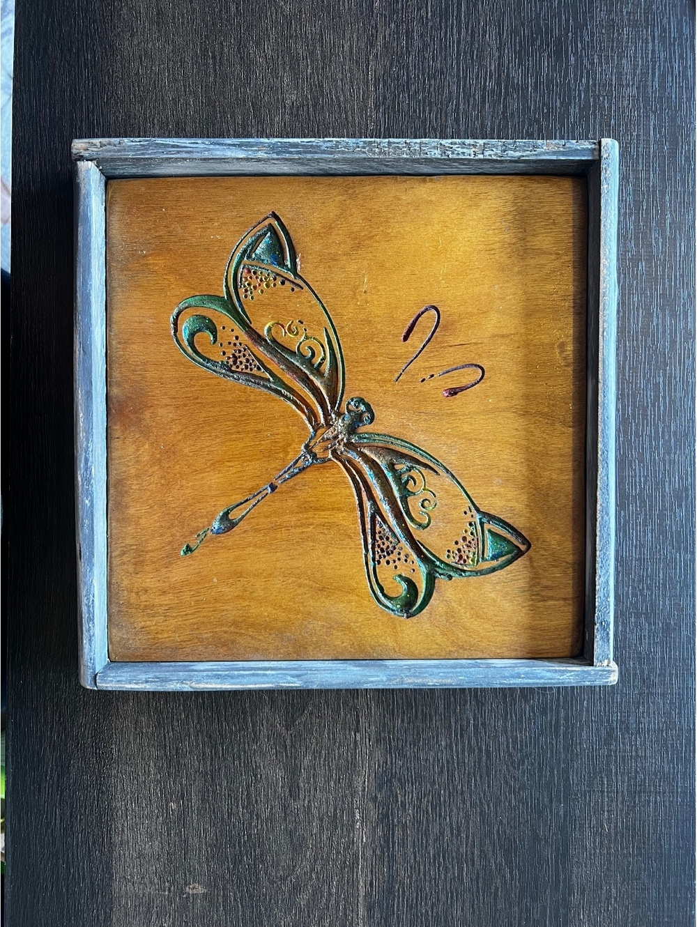 Rustic Dragonfly Wood Wall Art 11” Square Raised Metal Insect Boho